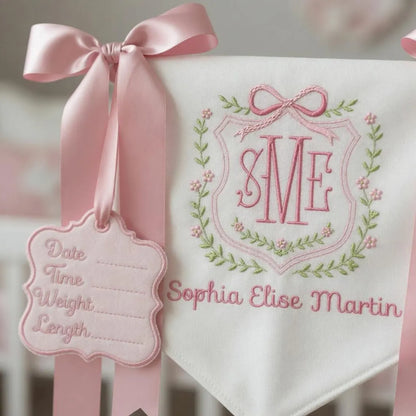Personalized Baby Name Banner with Floral Crest & Satin Bows