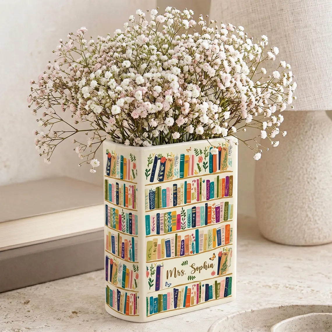 Personalized Book Ceramic Vase – Custom Name Book Lover Gift