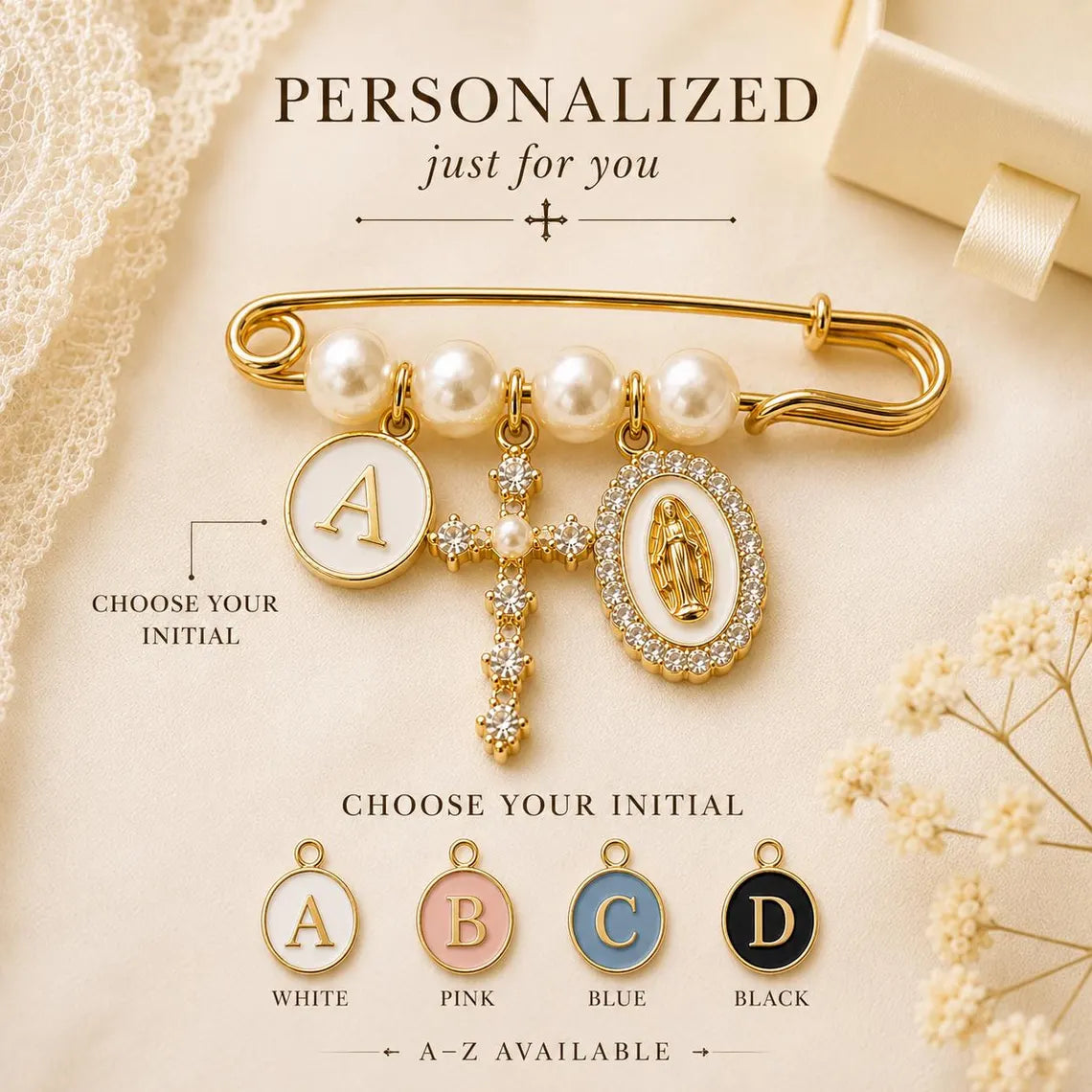 Personalized Catholic Baptism Pin – Pearl Christening Brooch