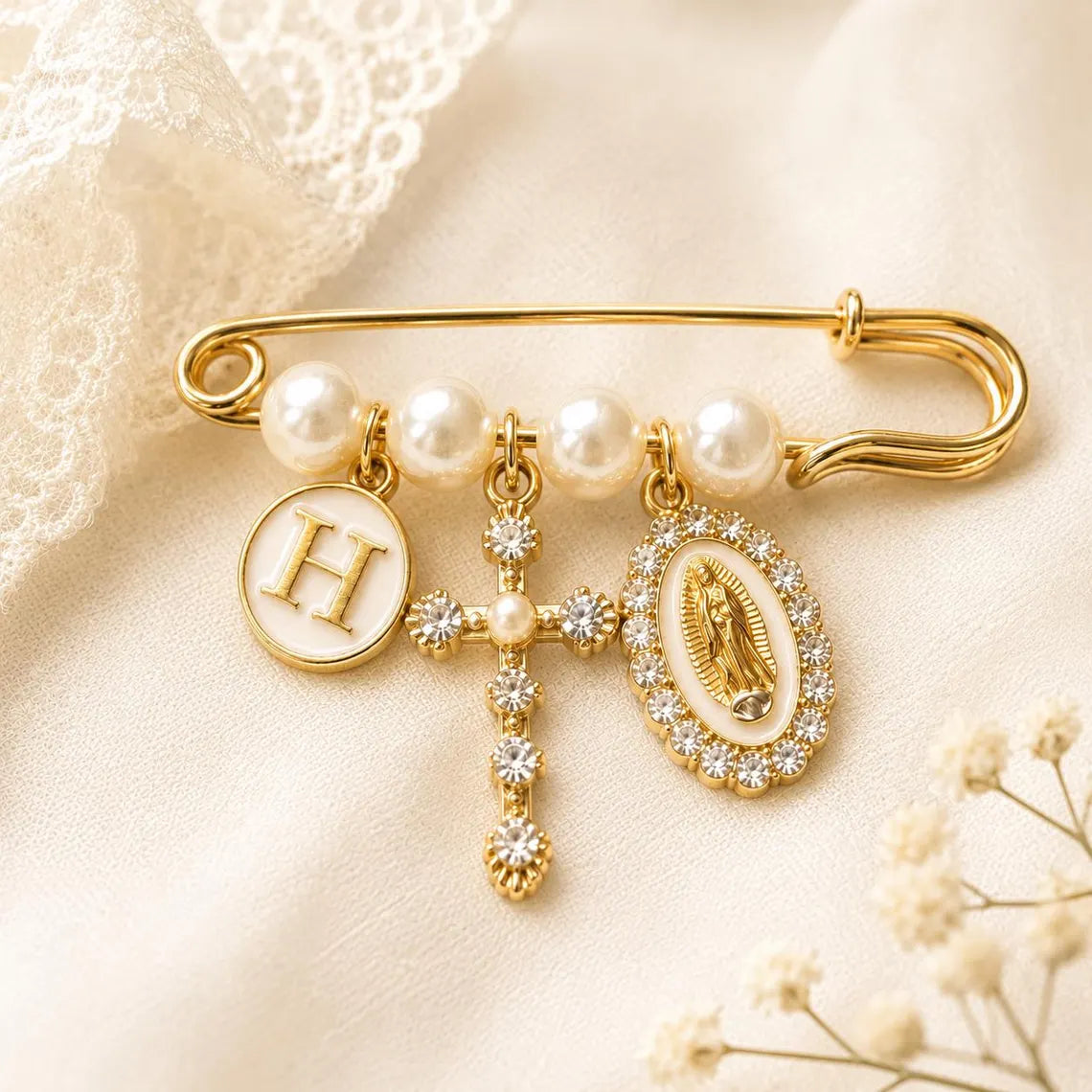 Personalized Catholic Baptism Pin – Pearl Christening Brooch