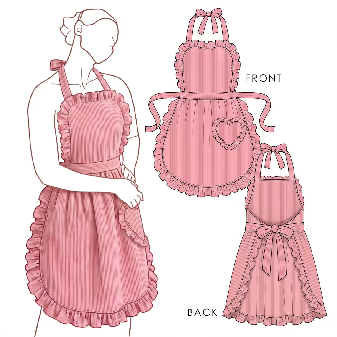 Personalized Ruffle Corduroy Apron with Heart Pocket | Custom Kitchen Apron