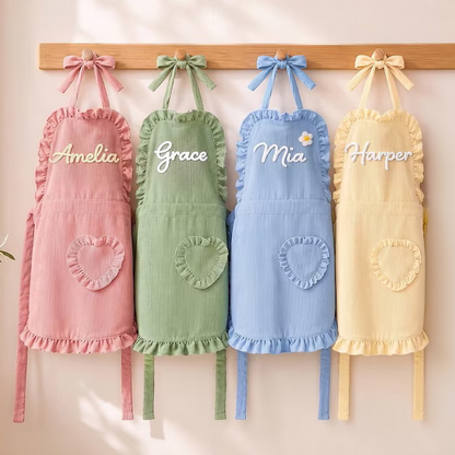 Personalized Ruffle Corduroy Apron with Heart Pocket | Custom Kitchen Apron