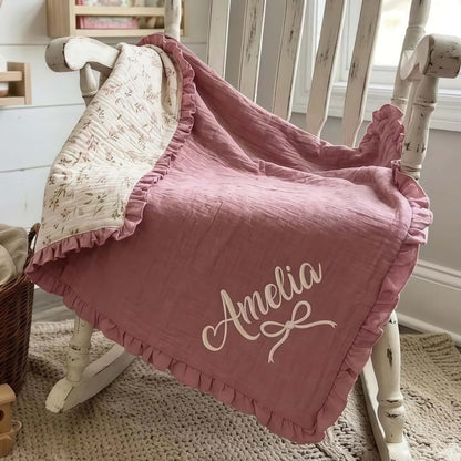 Personalized Muslin Baby Girl Blanket | Custom Embroidered Name & Bow Design