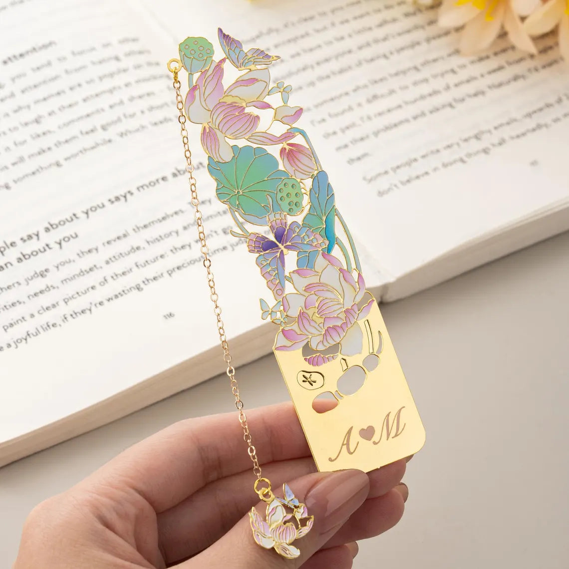 Personalized Birth Flower Butterfly Metal Bookmark | Custom Name Initial Date