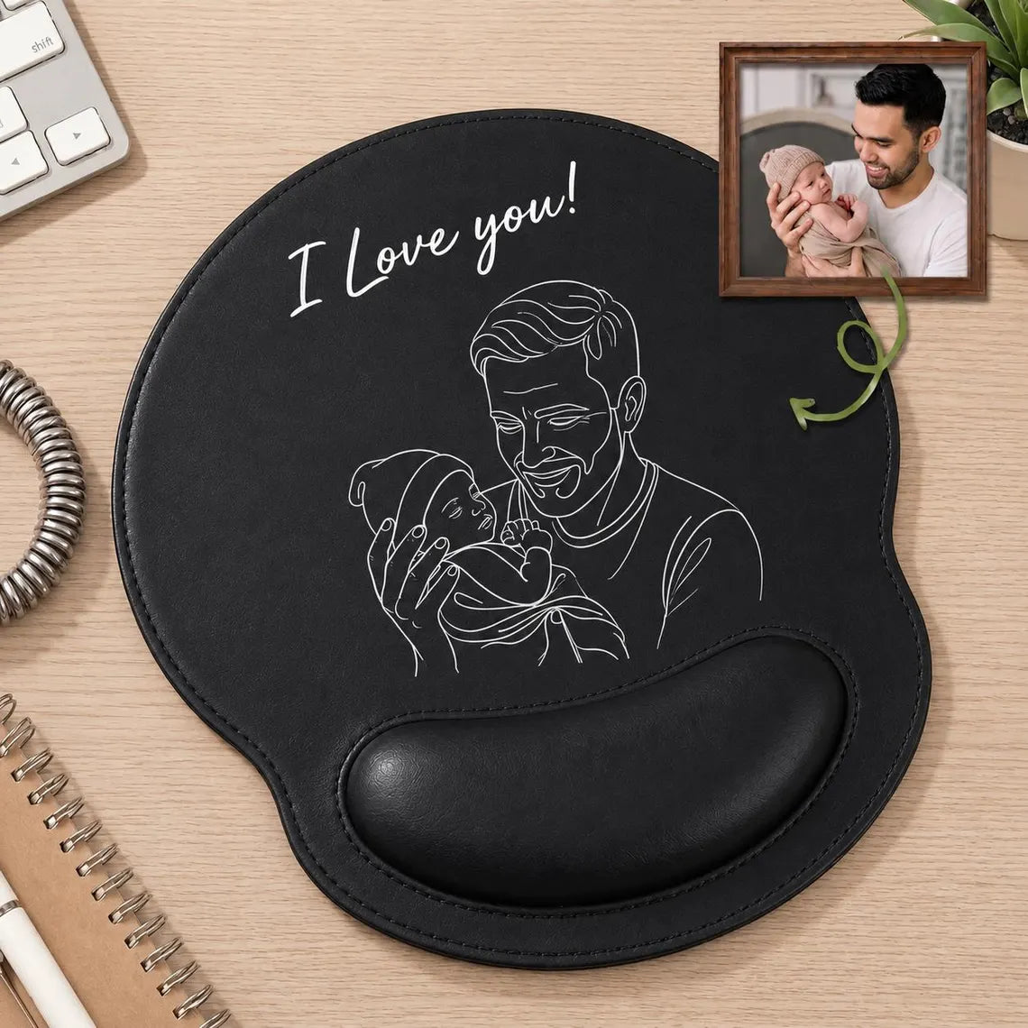 Personalized Leather Mouse Pad with Photo Sketch for Dad Gift