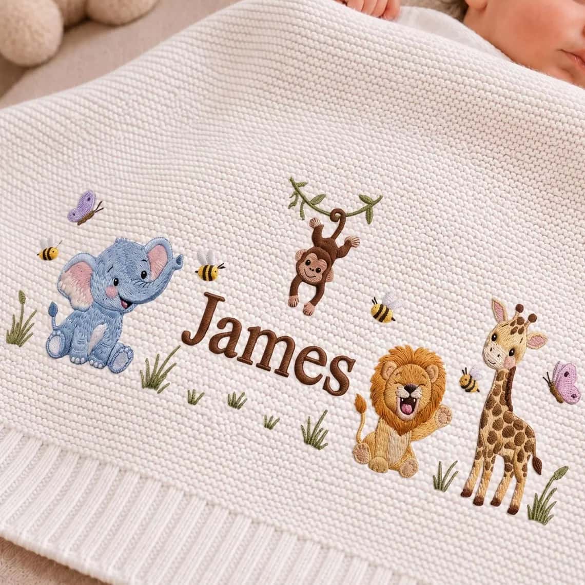 Personalized Safari Baby Name Knit Blanket | Custom Embroidered Gift