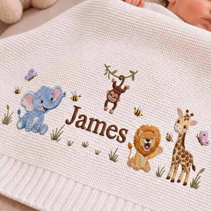 Personalized Safari Baby Name Knit Blanket | Custom Embroidered Gift
