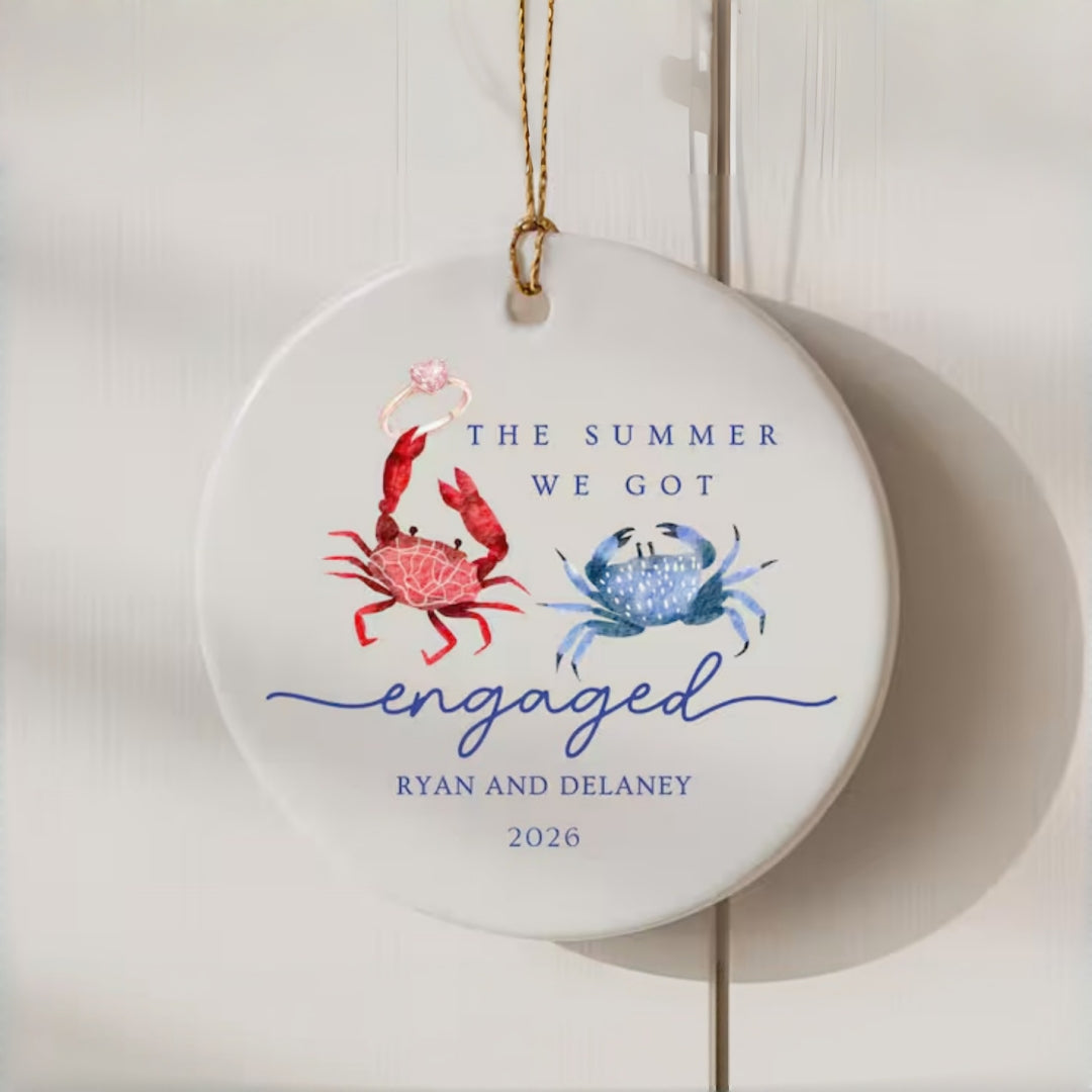 Personalized Summer Engagement Ceramic Ornament | Beach Couple Gift Crab Desgin