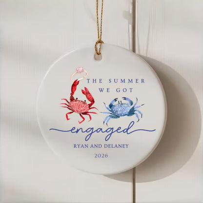 Personalized Summer Engagement Ceramic Ornament | Beach Couple Gift Crab Desgin
