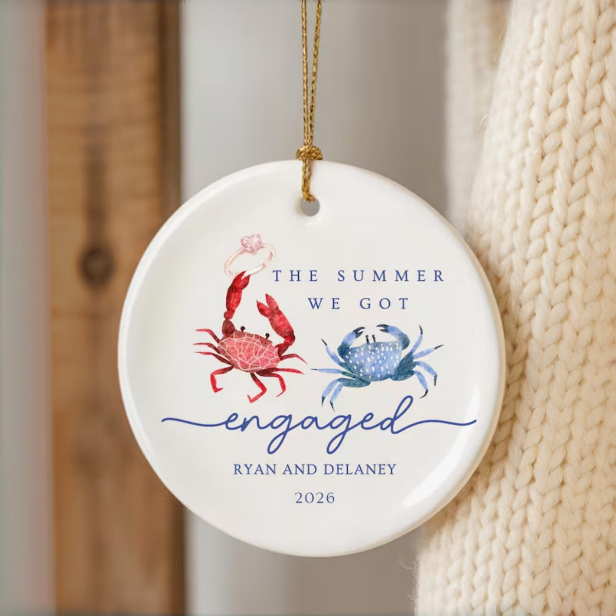 Personalized Summer Engagement Ceramic Ornament | Beach Couple Gift Crab Desgin