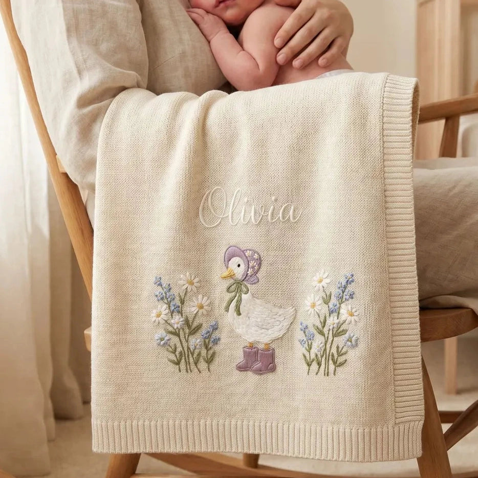 Personalized Duck Floral Embroidered Name Knit Blanket Keepsake Gift