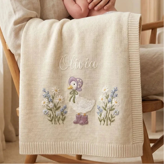 Personalized Duck Floral Embroidered Name Knit Blanket Keepsake Gift