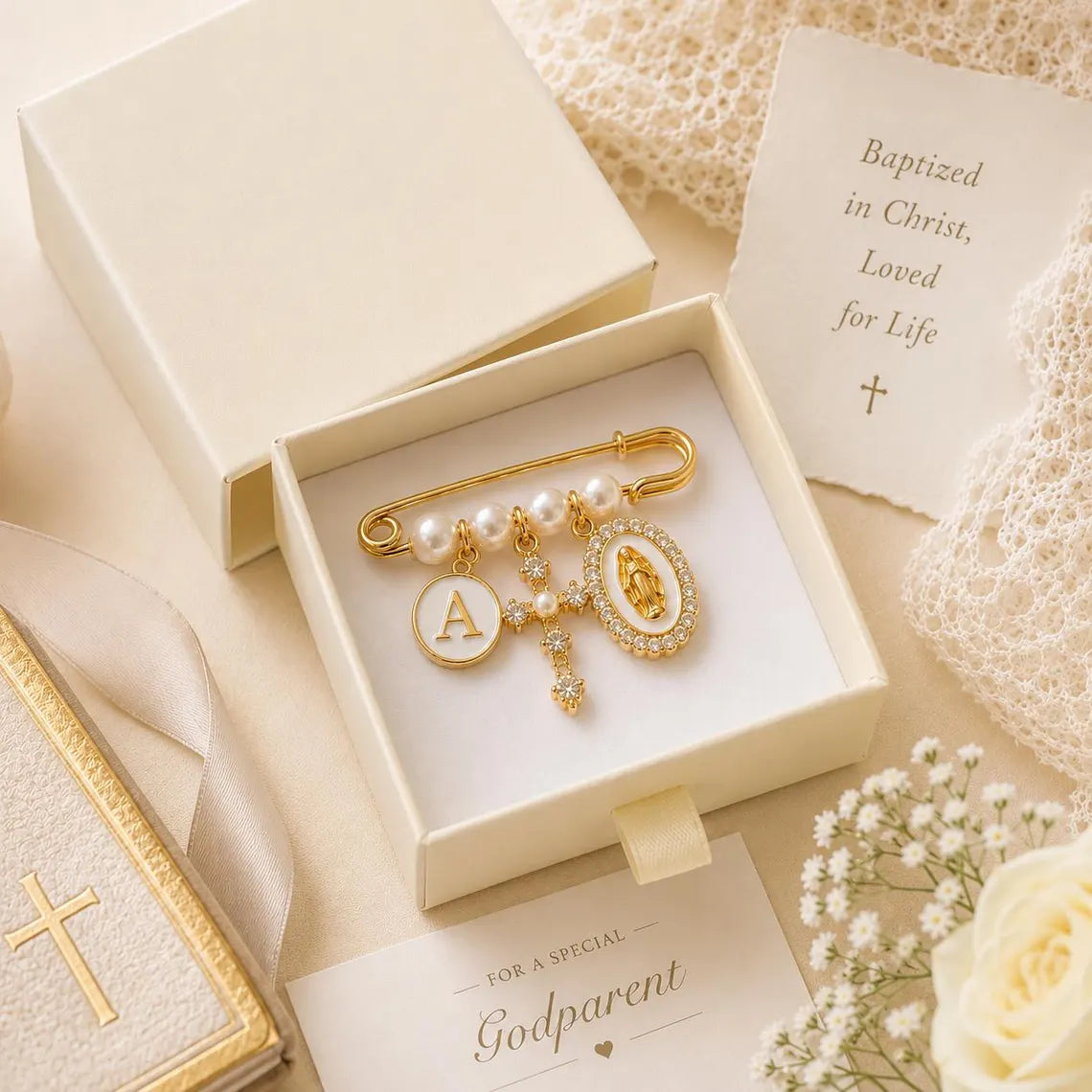 Personalized Catholic Baptism Pin – Pearl Christening Brooch