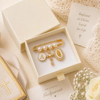 Personalized Catholic Baptism Pin – Pearl Christening Brooch