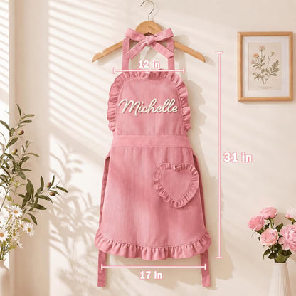 Personalized Ruffle Corduroy Apron with Heart Pocket | Custom Kitchen Apron