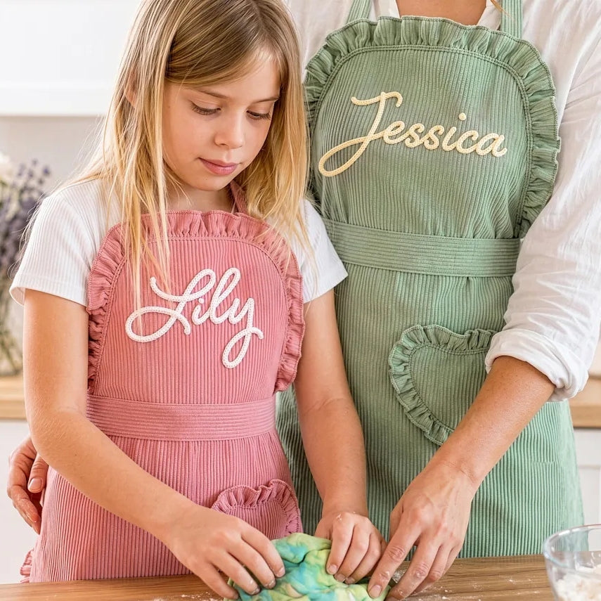Personalized Ruffle Corduroy Apron with Heart Pocket | Custom Kitchen Apron