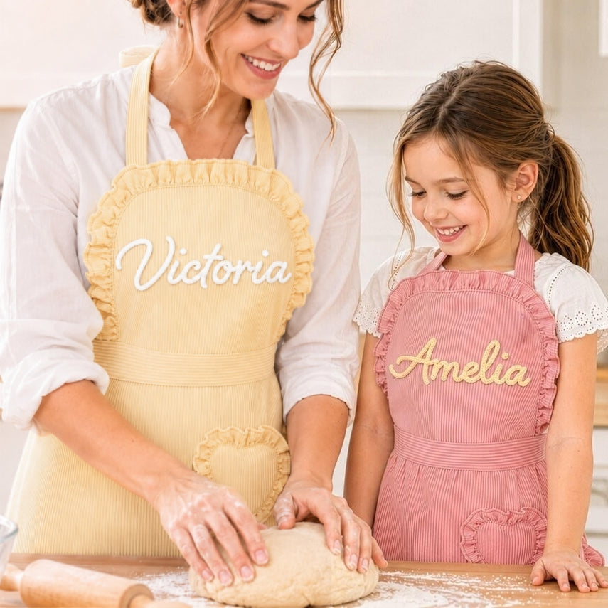 Personalized Ruffle Corduroy Apron with Heart Pocket | Custom Kitchen Apron