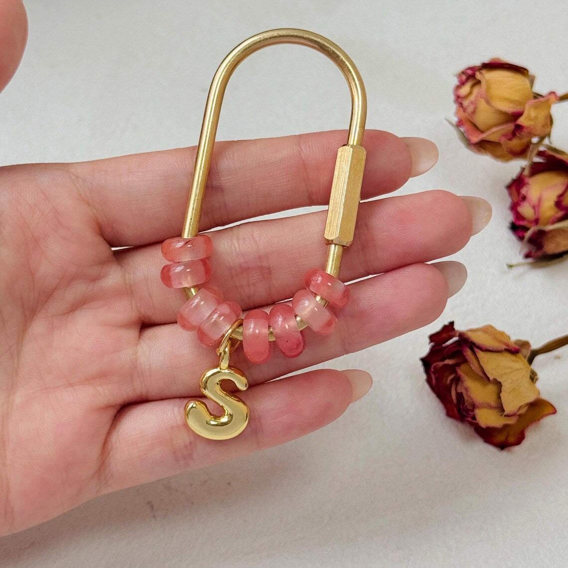 Personalized Natural Stone Initial Bag Charm | Custom Keychain