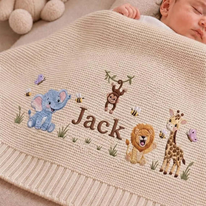Personalized Safari Baby Name Knit Blanket | Custom Embroidered Gift