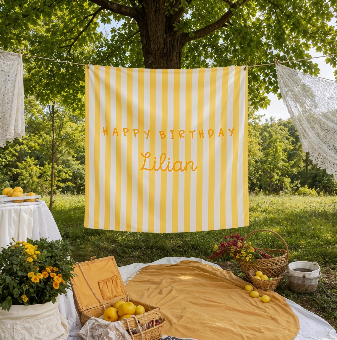 Personalized Striped Birthday Banner | Custom Fabric Party Backdrop