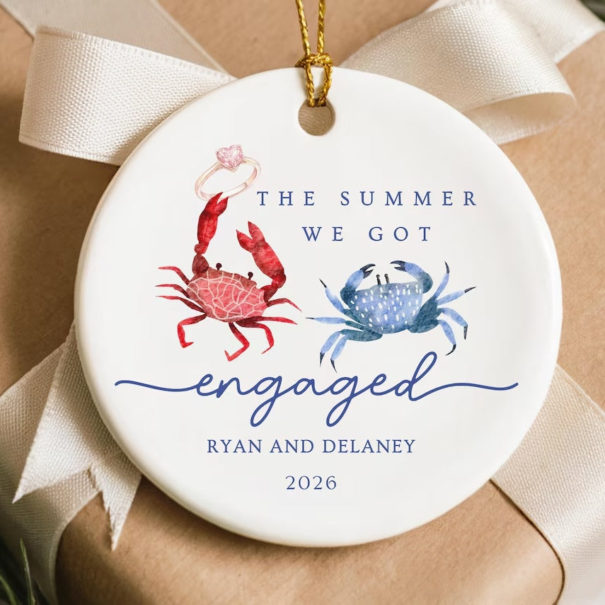 Personalized Summer Engagement Ceramic Ornament | Beach Couple Gift Crab Desgin