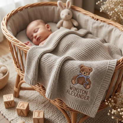 Personalized Teddy Bear Baby Knit Blanket | Custom Embroidered Name