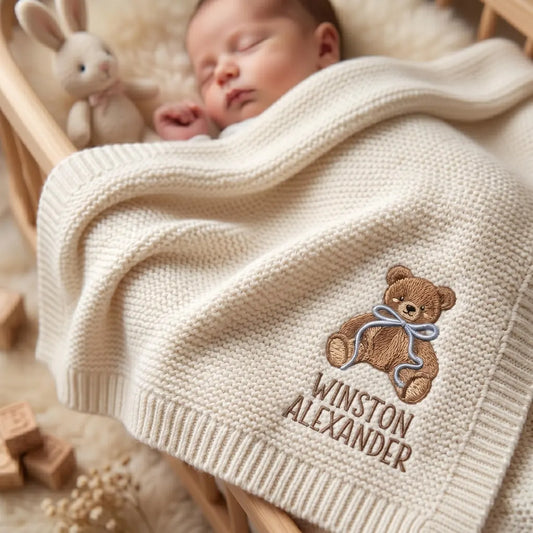 Personalized Teddy Bear Baby Knit Blanket | Custom Embroidered Name