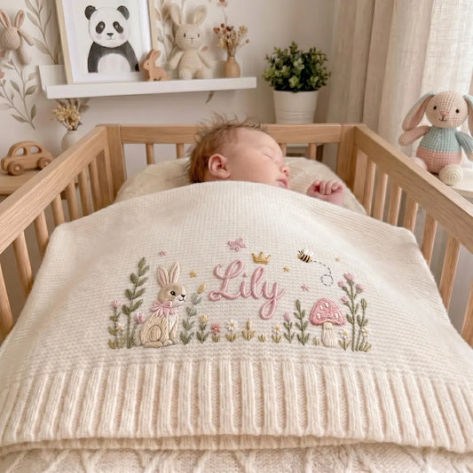 Personalized Bunny Baby Knit Blanket | Custom Embroidered Name Blanket