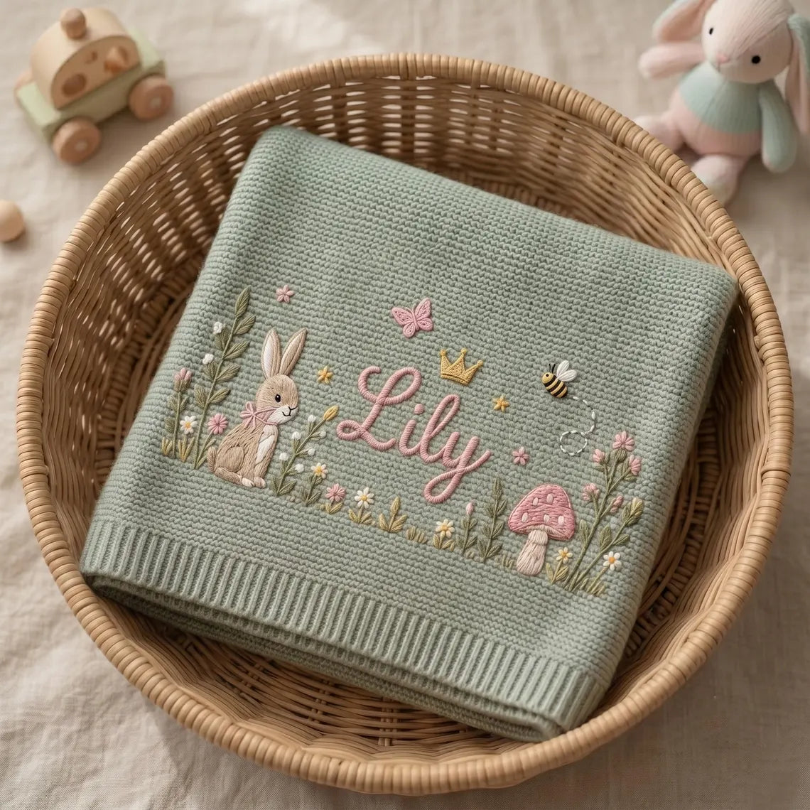 Personalized Bunny Baby Knit Blanket | Custom Embroidered Name Blanket
