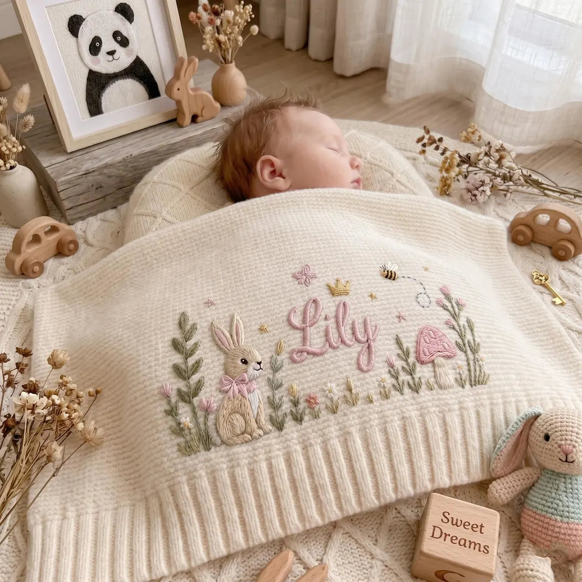Personalized Bunny Baby Knit Blanket | Custom Embroidered Name Blanket