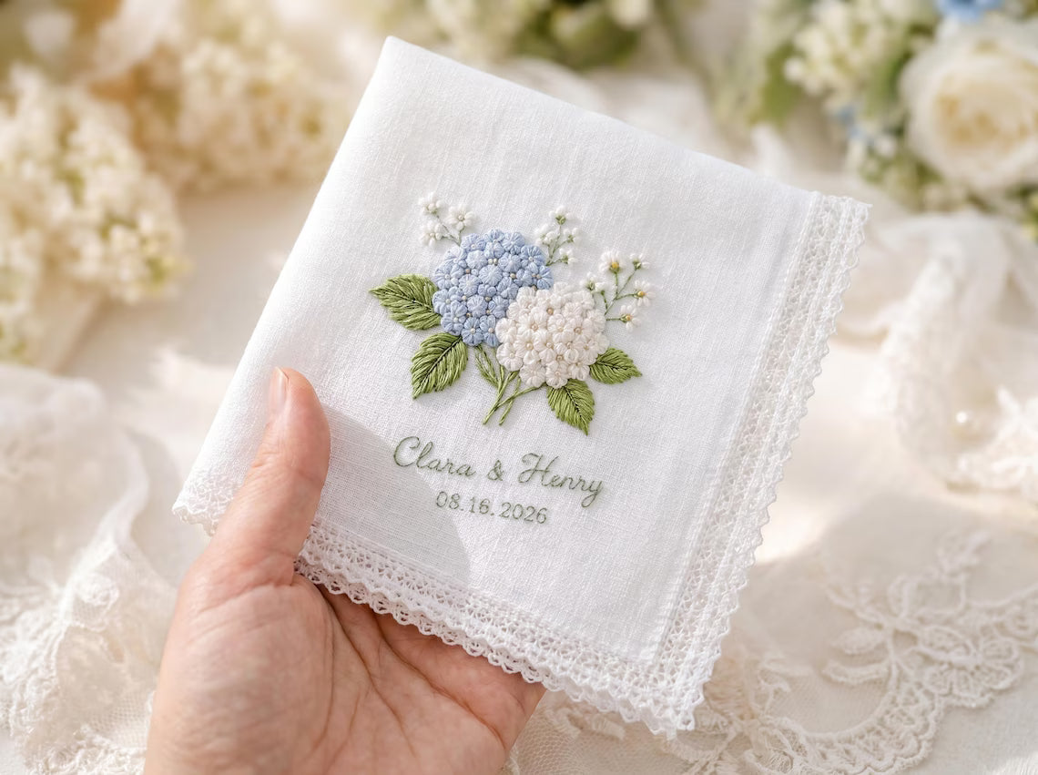 Personalized Hydrangea Wedding Embroidered Handkerchief | Something Blue Bridal Gift