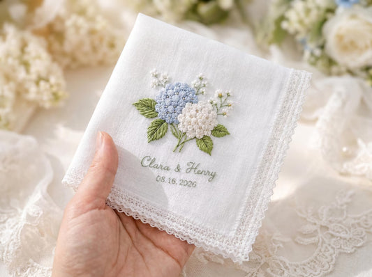 Personalized Hydrangea Wedding Embroidered Handkerchief | Something Blue Bridal Gift