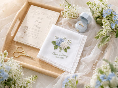 Personalized Hydrangea Wedding Embroidered Handkerchief | Something Blue Bridal Gift