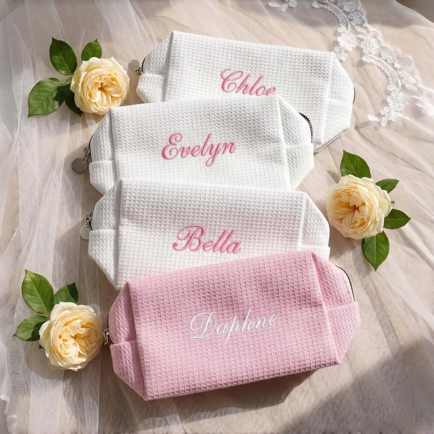 Personalized Embroidered Waffle Makeup Bag | Custom Cosmetic Bag Gift