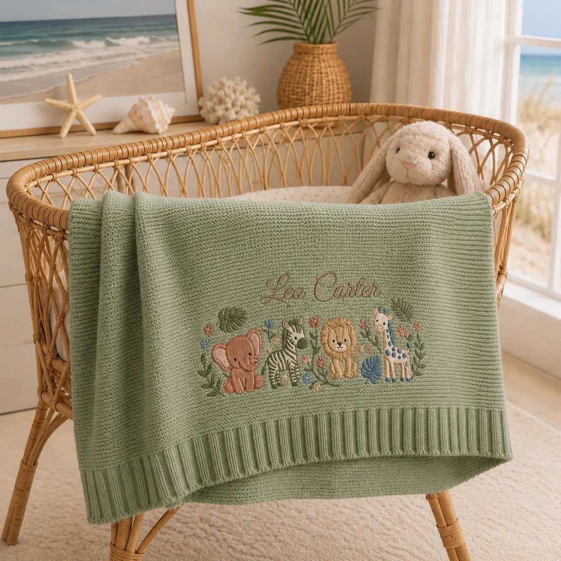 Personalized Jungle Knit Blanket | Custom Embroidered Keepsake Gift