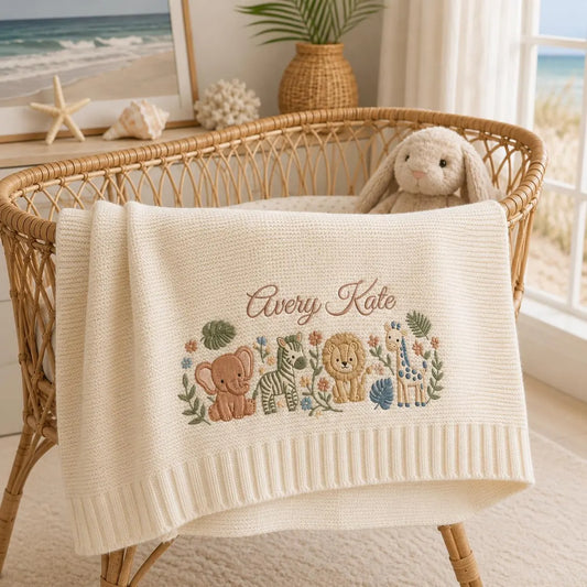 Personalized Jungle Knit Blanket | Custom Embroidered Keepsake Gift