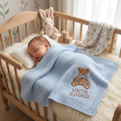 Personalized Teddy Bear Baby Knit Blanket | Custom Embroidered Name