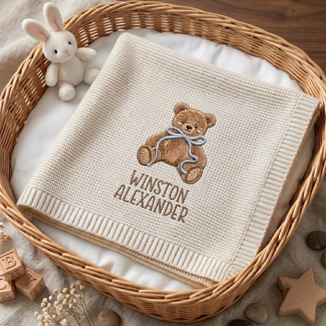 Personalized Teddy Bear Baby Knit Blanket | Custom Embroidered Name