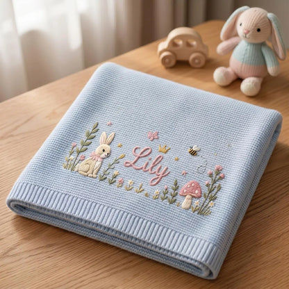 Personalized Bunny Baby Knit Blanket | Custom Embroidered Name Blanket