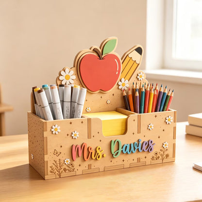 Personalized Teacher Wooden Pen Caddy – Custom Name Desk Organizer Gift