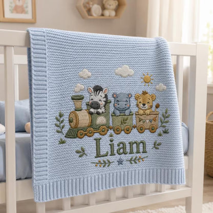 Personalized Safari Baby Knit Blanket | Embroidered Animal Train