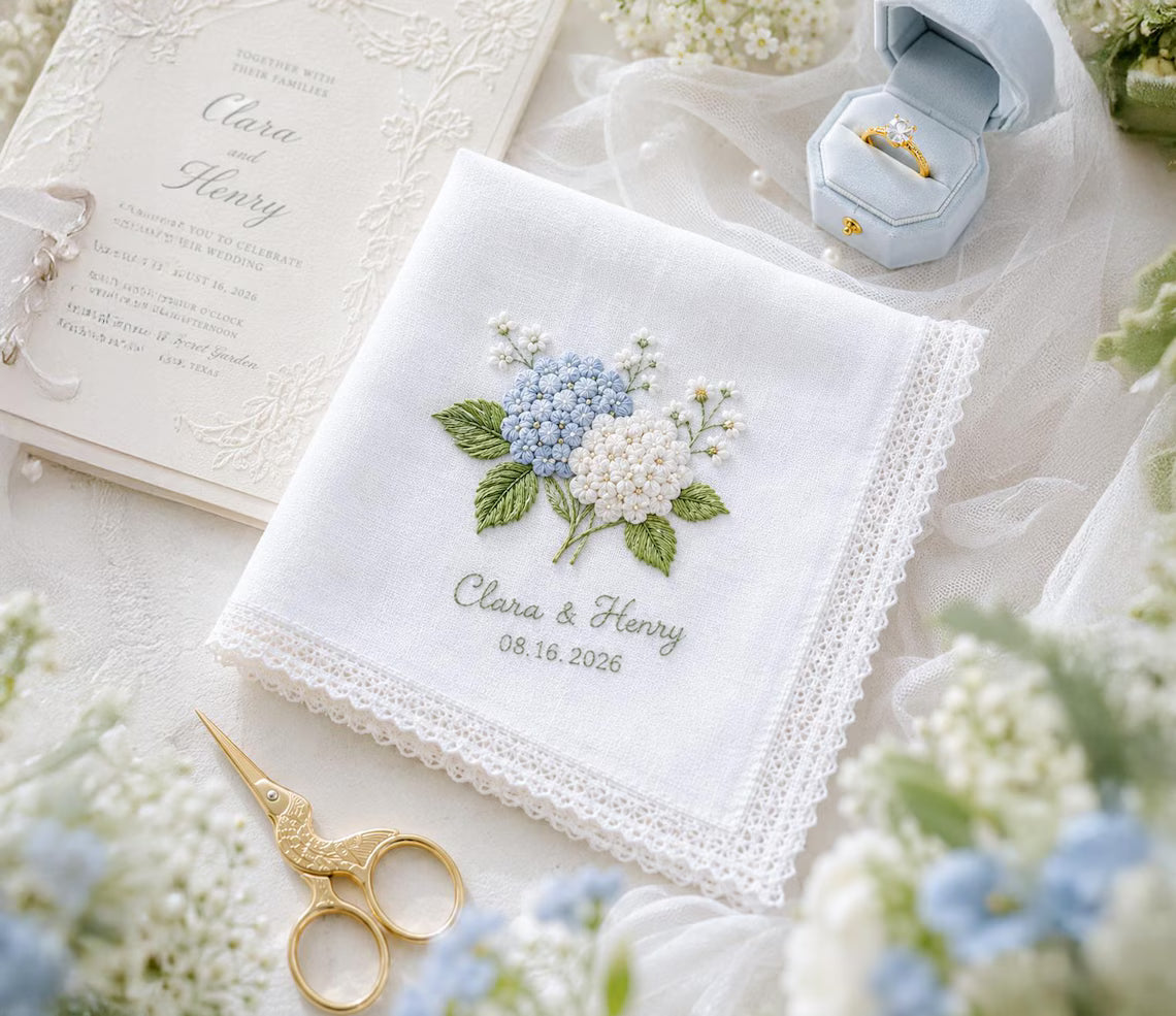 Personalized Hydrangea Wedding Embroidered Handkerchief | Something Blue Bridal Gift