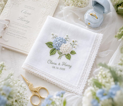 Personalized Hydrangea Wedding Embroidered Handkerchief | Something Blue Bridal Gift