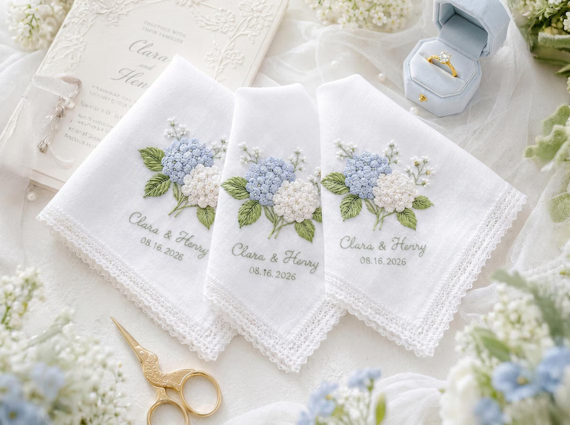 Personalized Hydrangea Wedding Embroidered Handkerchief | Something Blue Bridal Gift