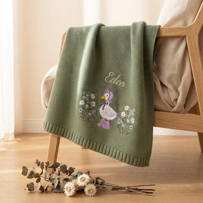 Personalized Duck Floral Embroidered Name Knit Blanket Keepsake Gift