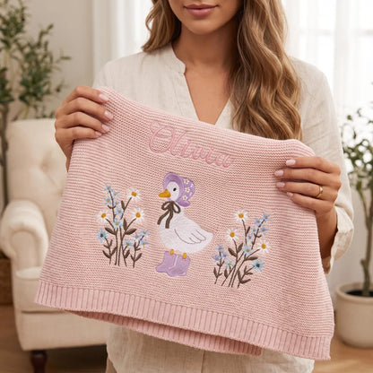 Personalized Duck Floral Embroidered Name Knit Blanket Keepsake Gift