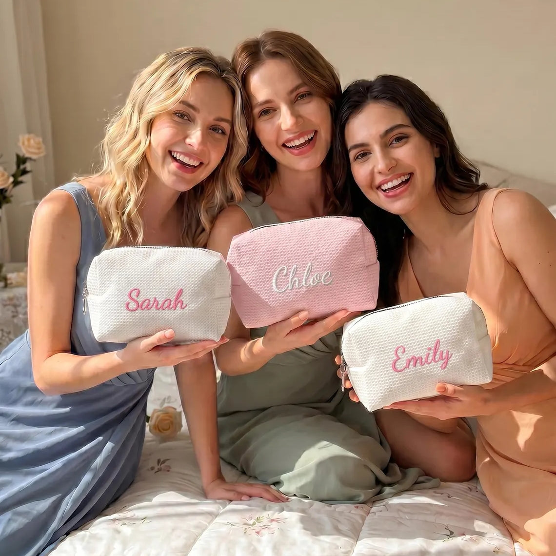 Personalized Embroidered Waffle Makeup Bag | Custom Cosmetic Bag Gift