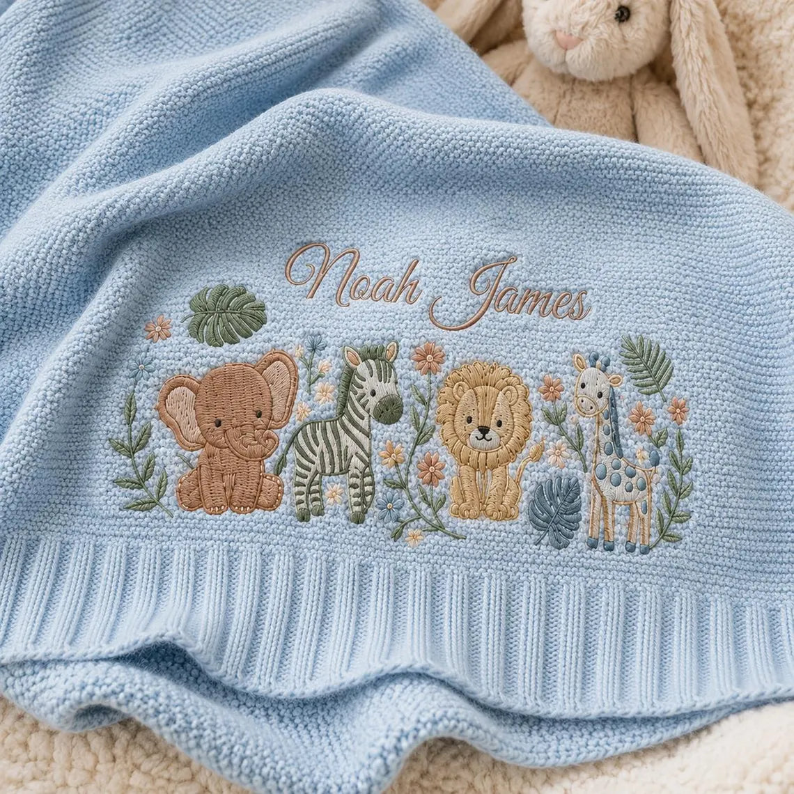 Personalized Jungle Knit Blanket | Custom Embroidered Keepsake Gift