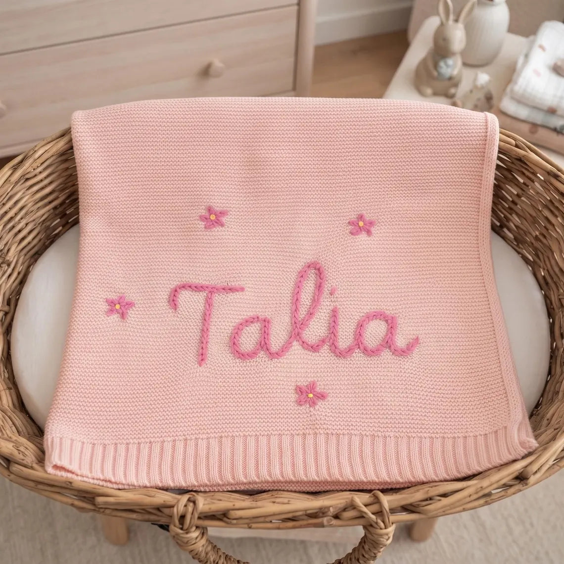 Personalized Knit Baby Blanket with Yarn Embroidered Name & Flowers