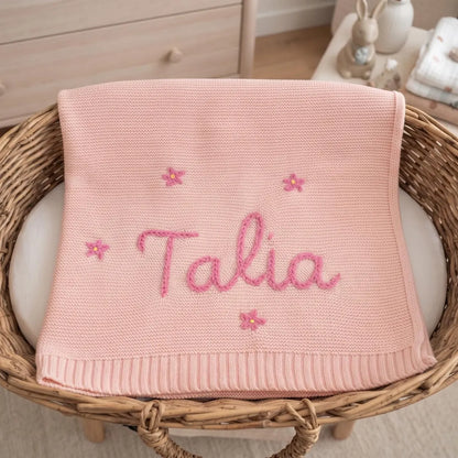 Personalized Knit Baby Blanket with Yarn Embroidered Name & Flowers